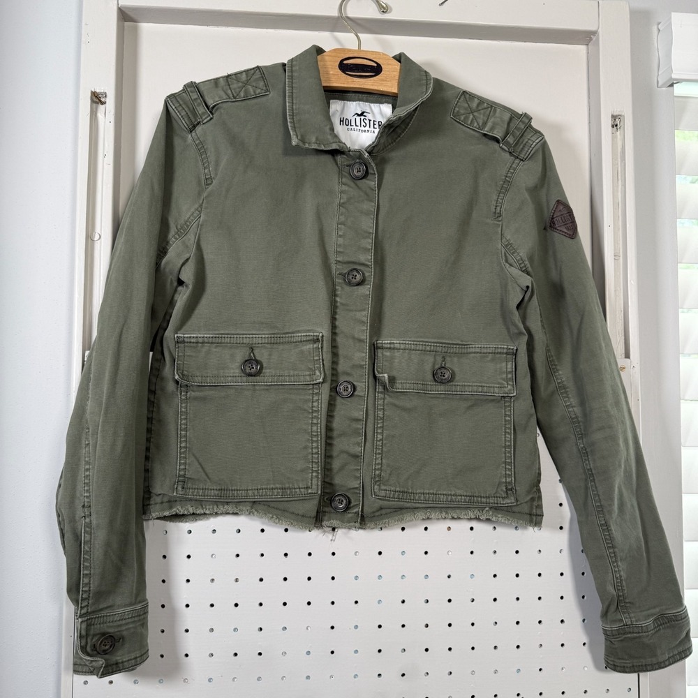Hollister Cropped Utility Jacket Womens Green Raw Frayed Hem Cargo Classic Small